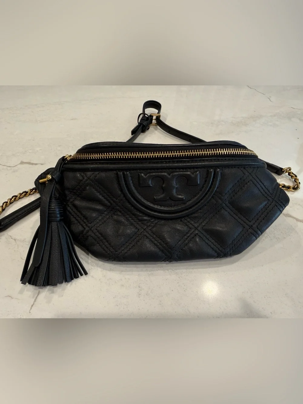 Tory Burch Black Quilted Leather Crossbody Belt Bag with Tassel Accent
